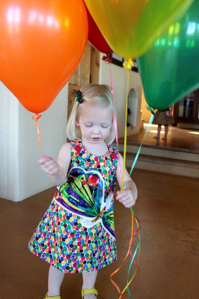 Amelia Dress - Aline/Jumper - Made from Very Hungry Caterpillar Fabric w/Appliqued Butterfly on Dots