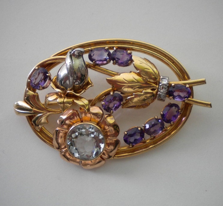 1940's Retro Brooch 14kt Aqua Marine Amethyst and Rose Cut Diamond