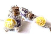 Spring is on your doorstep- Mini cork bottle earrings with purple beads, white pearls, and a cream color rose