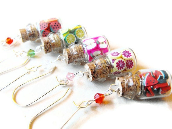 Fruit slices in a jar earrings- Pick from a variety of different polymer clay fruits