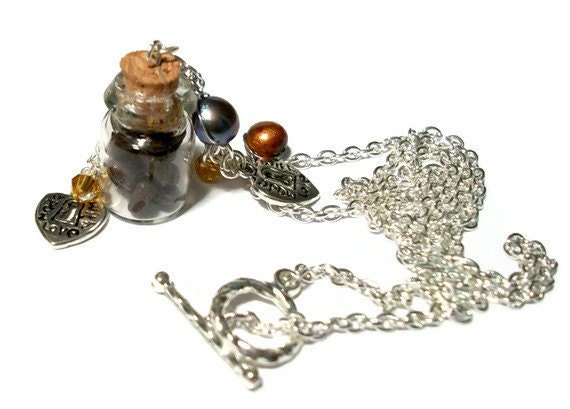 Coffee lover's necklace- pendant miniature bottle necklace with freshwater pearls, crystals and polymer clay coffee beans inside