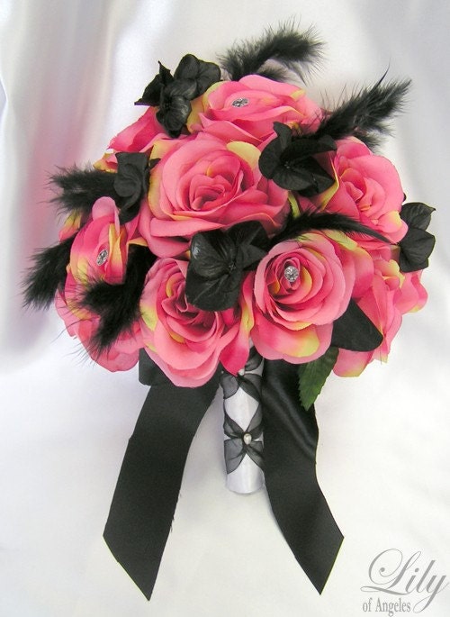 17 Pieces Package Silk Flower Wedding Decoration Bridal Bouquet Fuchsia Black Feather "Lily Of Angeles"