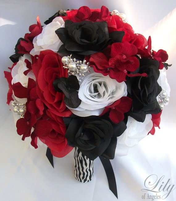 17pcs Wedding Bridal Bouquet Set Decoration Package Silk Flowers RED BLACK ZEBRA "Lily Of Angeles"