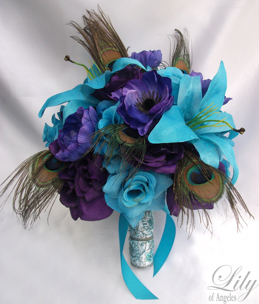 17 pieces Wedding Bridal Bouquet Flower Decoration PEACOCK Feathers PURPLE TURQUOISE