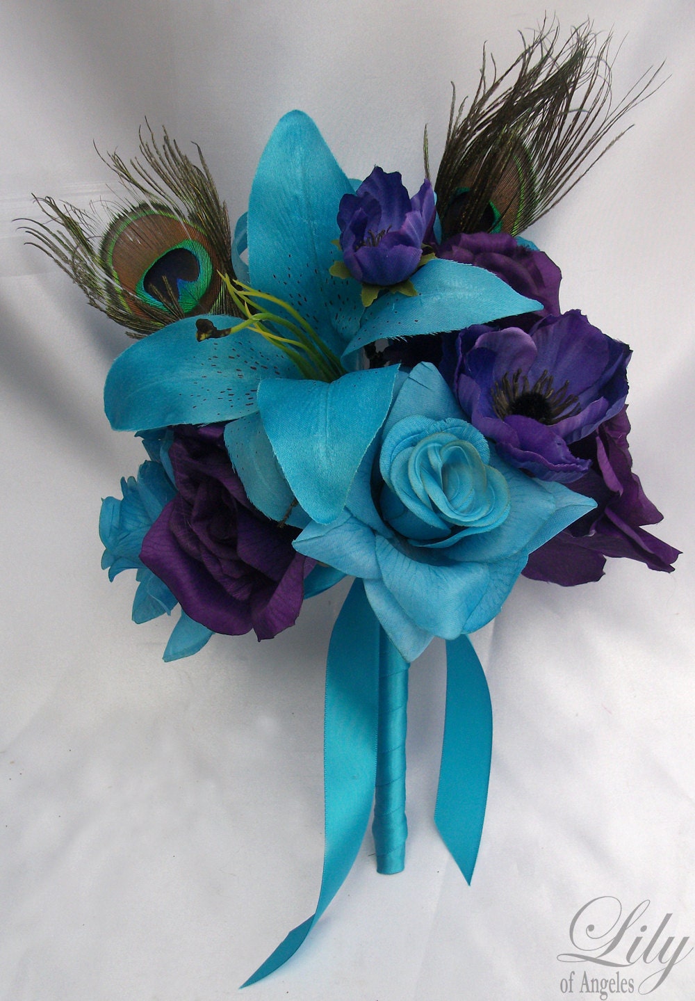 17 pieces Wedding Bridal Bouquet Flower Decoration PEACOCK Feathers PURPLE TURQUOISE