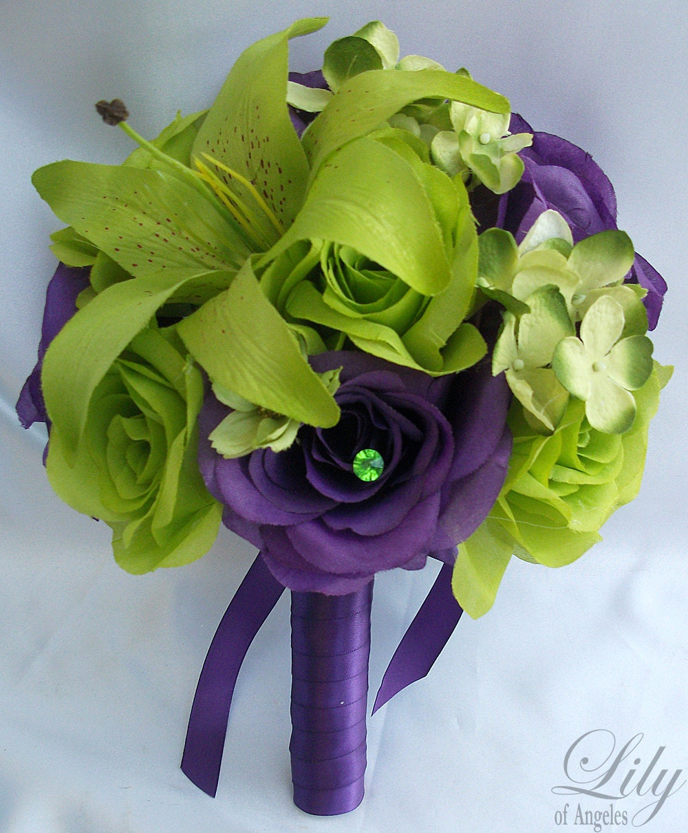 17pcs Wedding Bridal Bride Bouquet Flowers Decoration Package GREEN PURPLE LILY