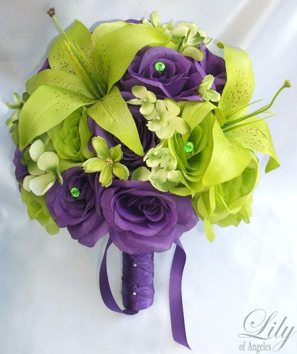 17pcs Wedding Bridal Bride Bouquet Flowers Decoration Package GREEN PURPLE LILY
