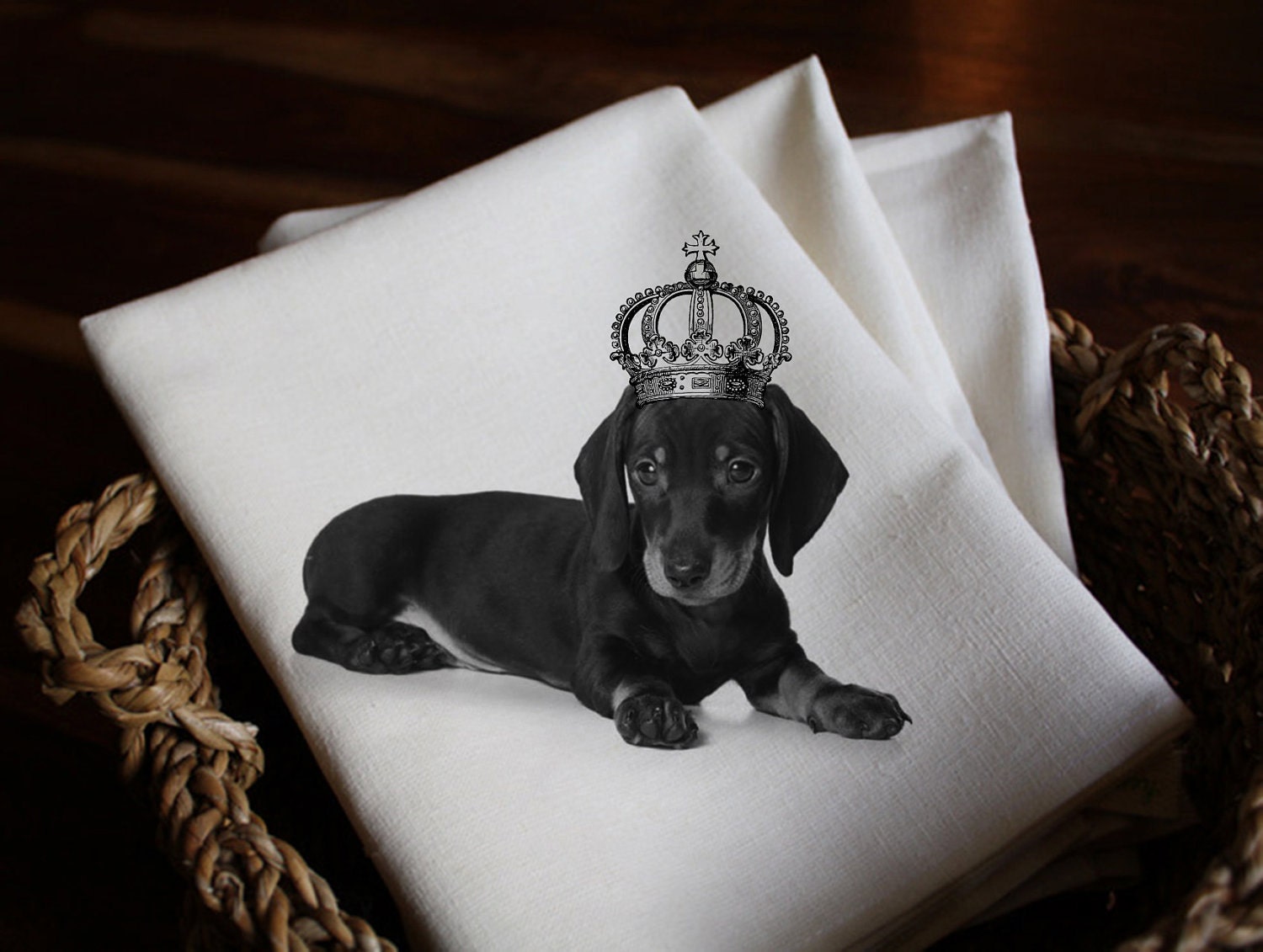 Dachshund Puppy Wearing a Vintage Crown On Digital Image, Great For Image Transfer on Pillows, Tea Towels and more - Style. 275