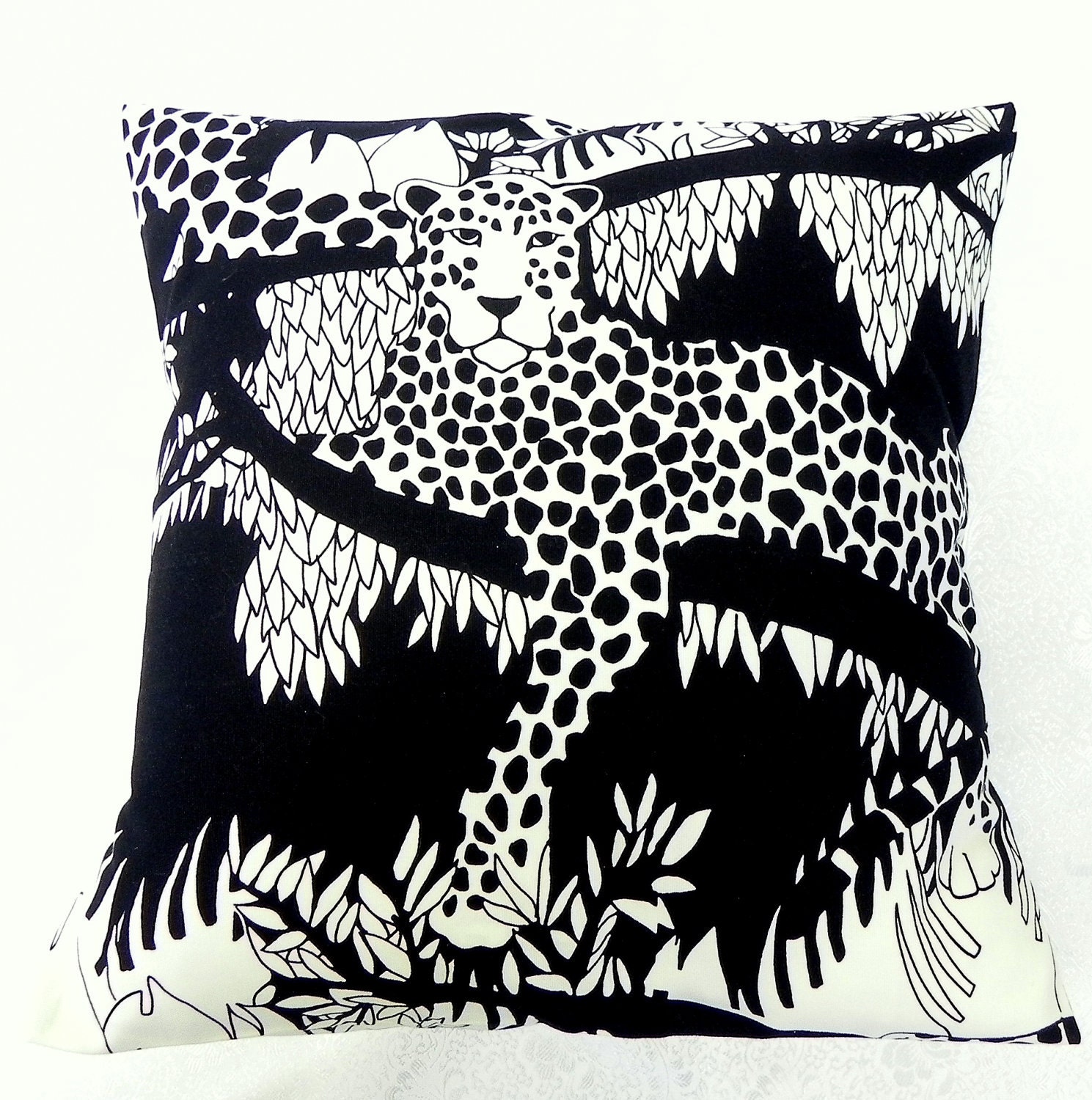 Pillow Cover 16x16.  Leopard in the jungle- Black and Cream