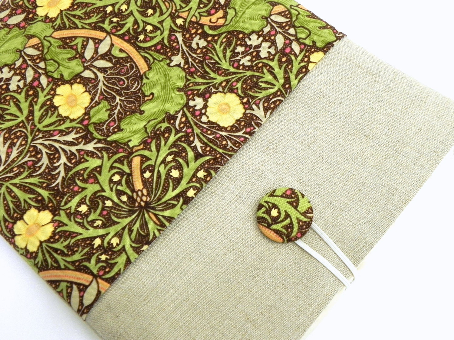 iPad Cover Case, iPad Padded Sleeve - Floral fabric in brown, yellow, peach and green  - Linen - GaranceCouture