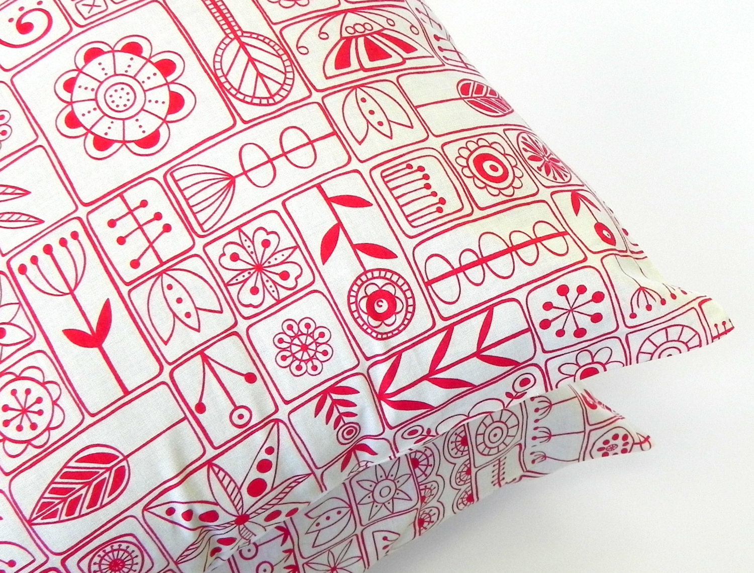 Pillow Covers. Set of Two 16x16. Red and Cream Scandi Moda floral fabric