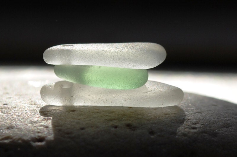Two Pieces Of White Seaglass & A Seafoam Piece. Top Drilled