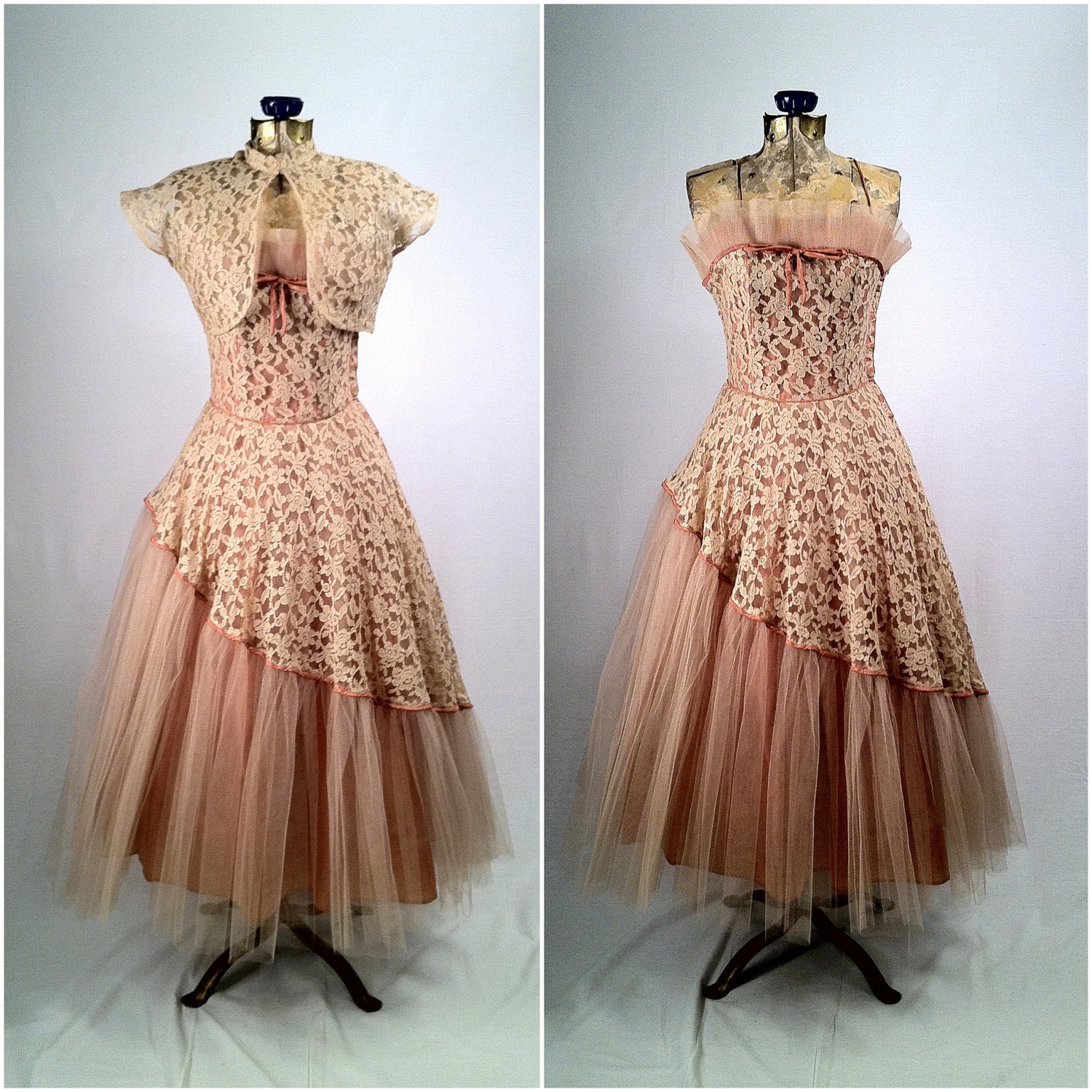 RESERVED Vintage 1950s Coral Lace Gown with Bolero Jacket - Exquisite - Tulle - Lace - Full Skirt