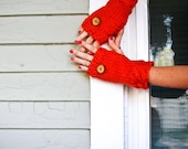 Orange Fingerless Gloves - CHOOSE Your Color - Knit Wrist Warmers - Merry Wives in Pumpkin with Cables