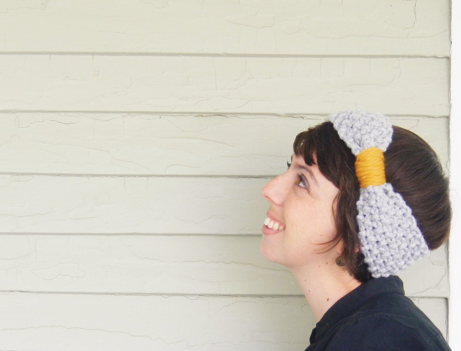 Turban Headband / Bow Ear Warmer - Gray / Yellow Mustard - CHOOSE Your Color - Agatha Christie - LitKnits