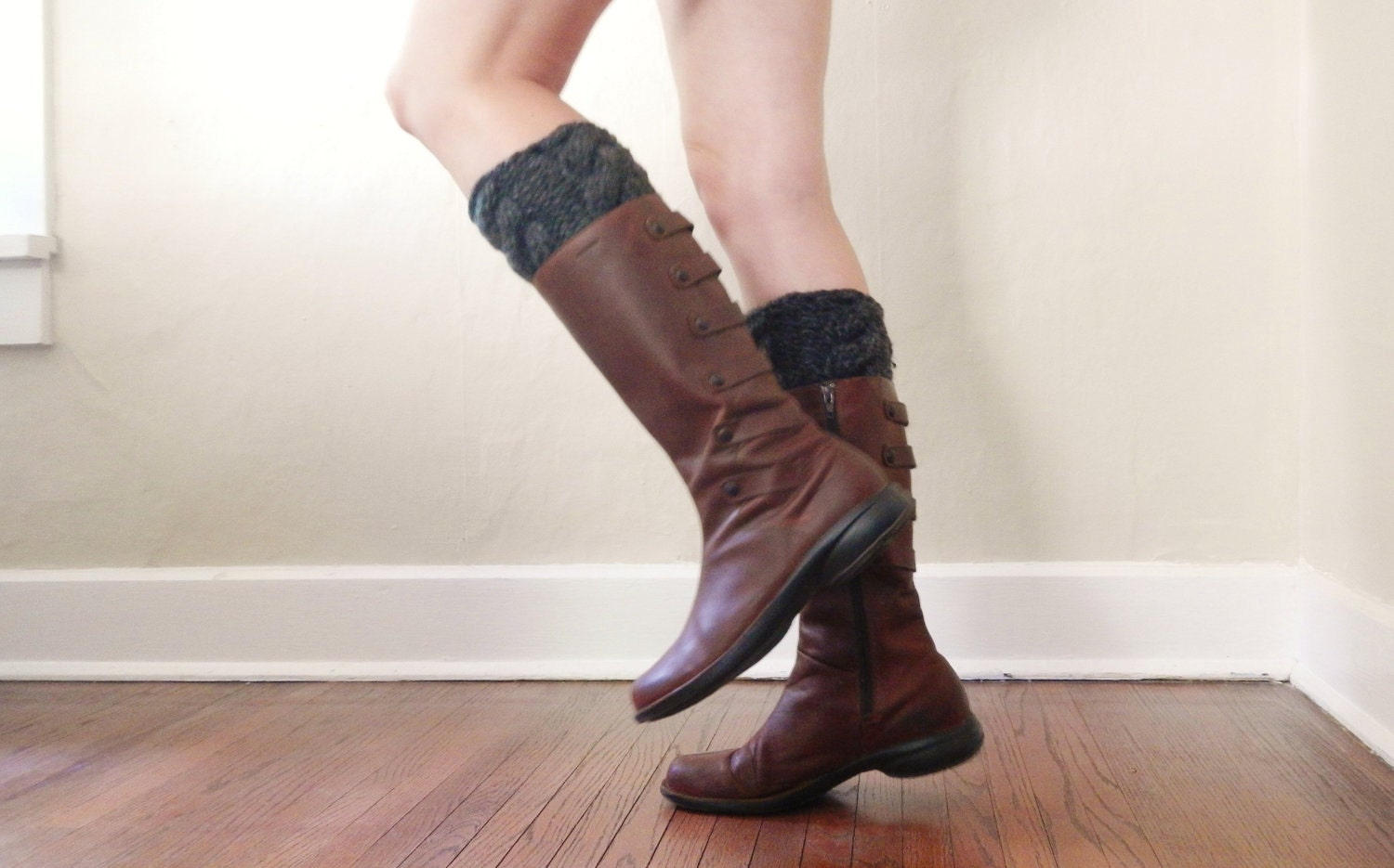Knit Boot Cuffs / Leg Warmers - Choose Your Color - Outlander in Charcoal Gray Cables