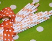 25 Paper Straws Orange Polka Dot, Drinks, Wedding, Birthday, Party, Made In USA