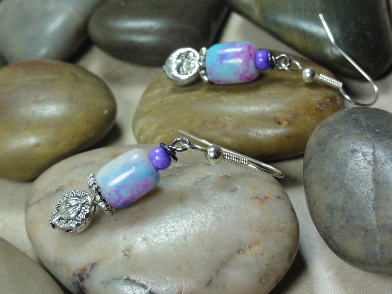 EARRINGS - Silver Celestial Sun Moon Blue Purple Pink Bead Dangle Drop Earrings - Free Shipping