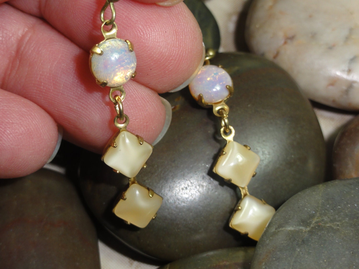 EARRINGS - Vintage Round Opal Moonglow Glass Brass Dangle Drop Spring Summer Wedding Jewelry Earrings - Free Shipping