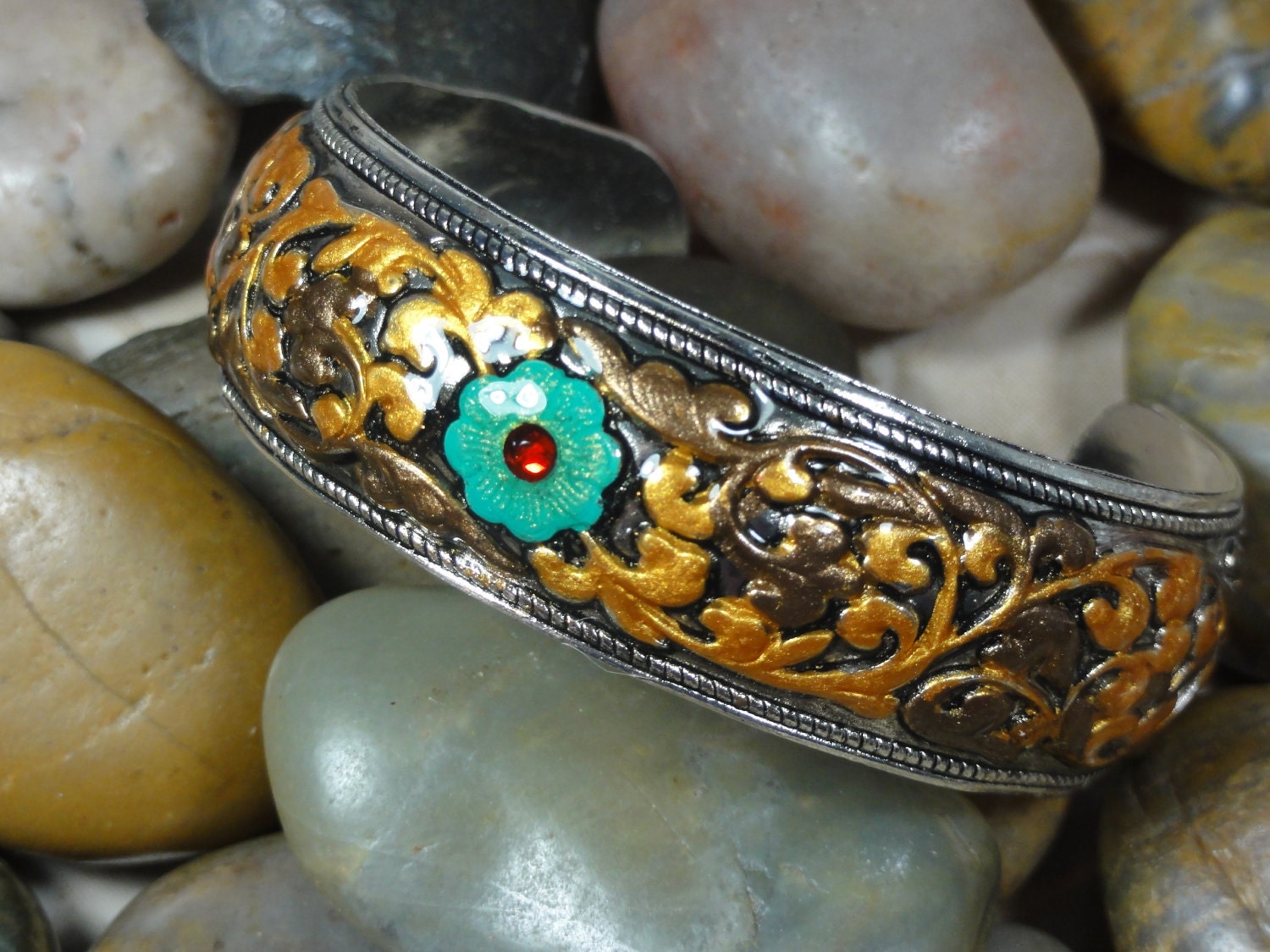 BRACELET- SALE See Shop For Details - Silver Gold Turquoise Flower Red Crystal Cuff Jewelry Bracelet - Free Shipping
