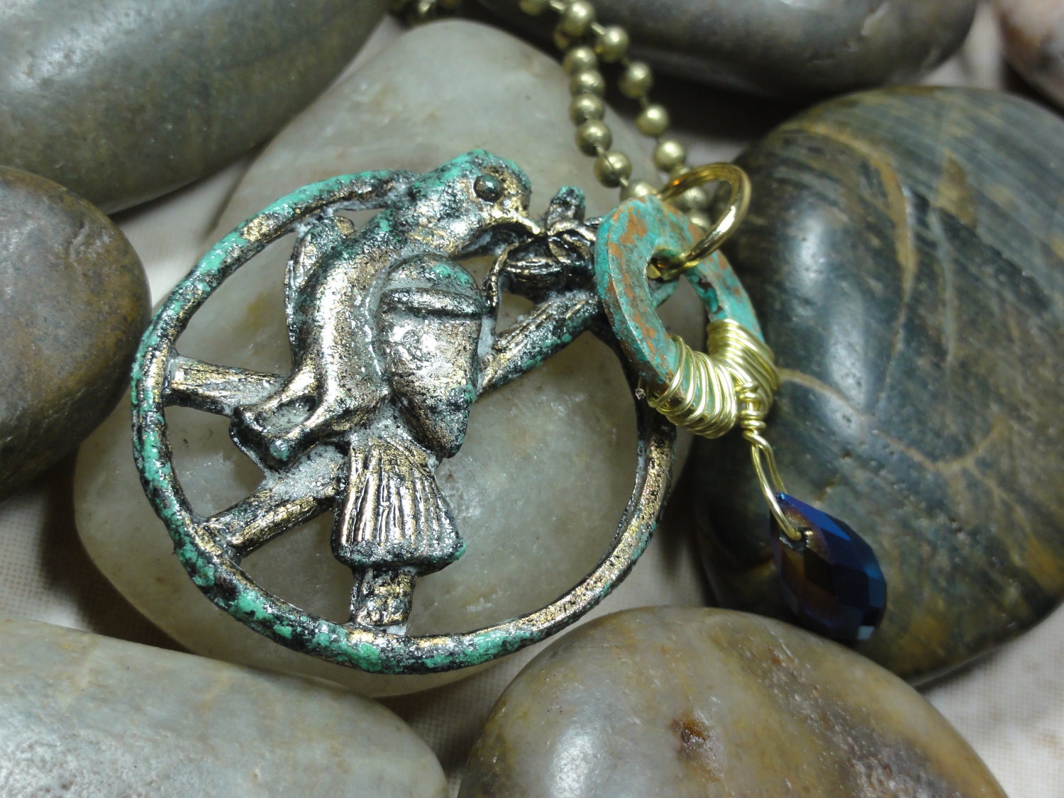 NECKLACE - Vintage Metal Bird Pendant Copper Patina Gold Wire Wrap Blue Faceted Teardrop Swarovski Crystal Jewelry Necklace Free Shipping