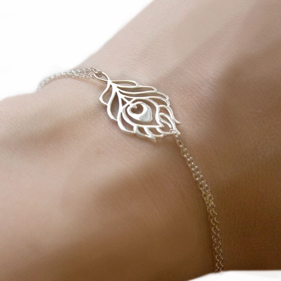 Silver Metal Feather Bracelet / Sterling Silver Peacock Feather Cutout on Double Strand Chain