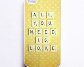 iPhone Case: All You Need is Love. Retro Scrabble. White Case. iPhone 4s Case. Yellow White Polka Dots. Typography. (IN STOCK) - happeemonkee