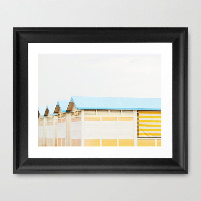 Yellow Beach Huts. Fine Art Photography. Lido Beach-Hut. Venice Italy. Mint Teal Rooftops. Yellow Stripes. Spring Decor. Size A4