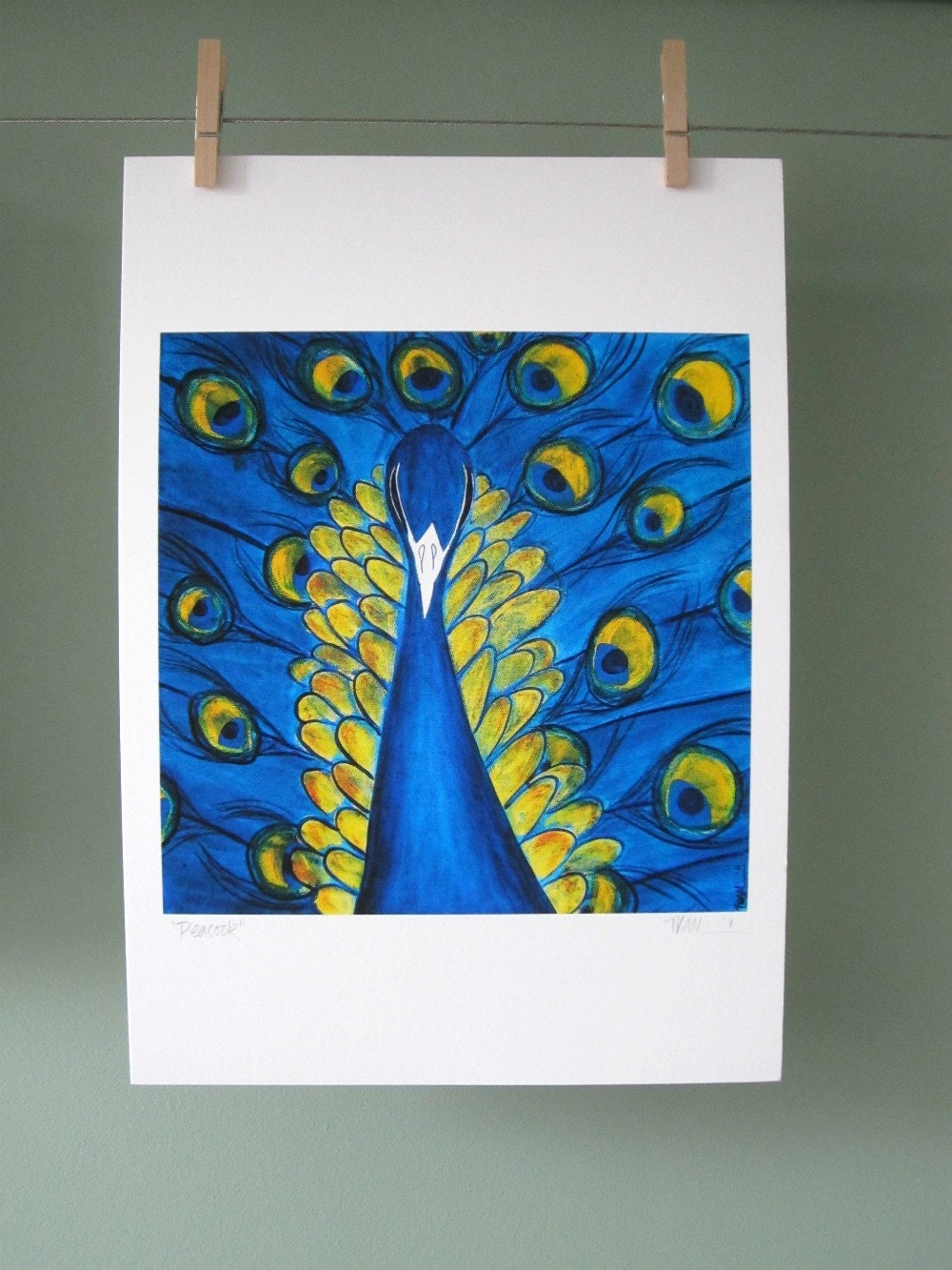 Peacock - art print of a peacock in blues and yellows on archival art card