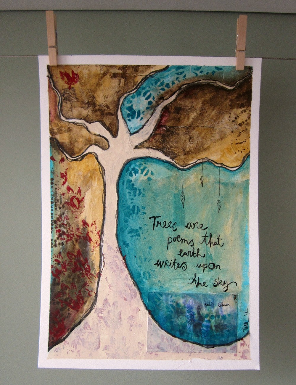 Trees Are Poems - Mixed Media Original Painting and Collage on Paper