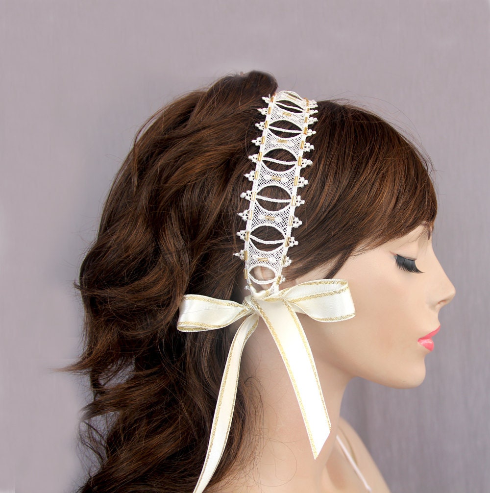 Bridal Tiara Headband - Weddings Head Piece Made with Cream Ivory Satin Eyelet. Handmade