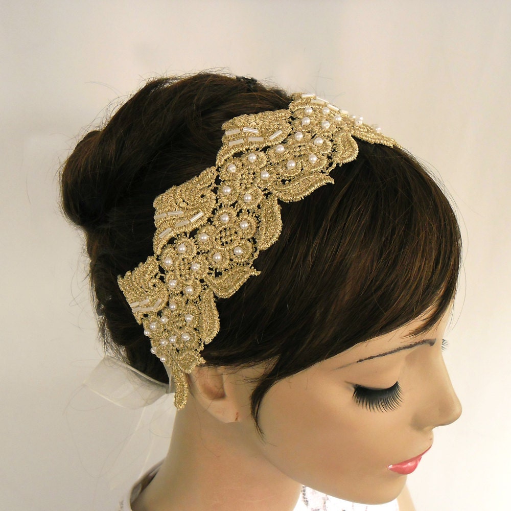 Gold Lace Bridal Weddings Headband in Roman Style. Handmade in Unique Design