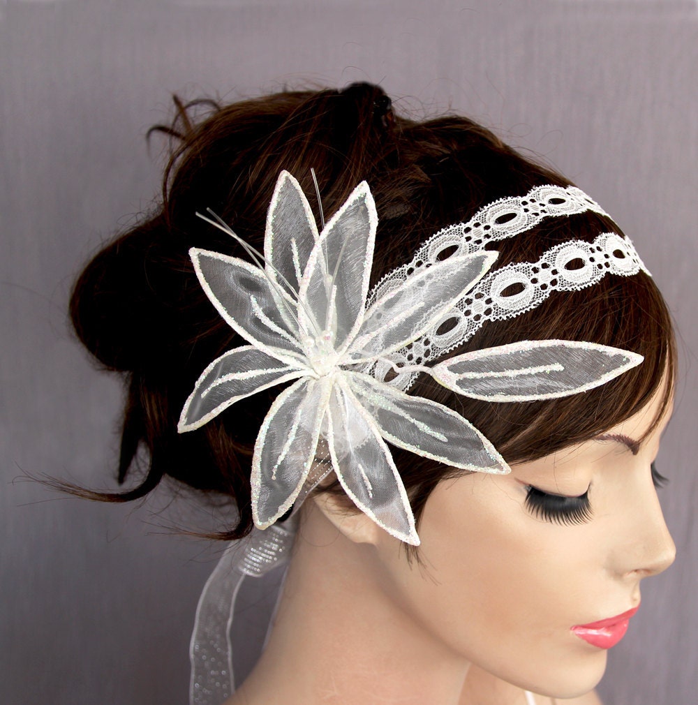 Ivory lilly flower bridal hair fascinator, weddings headband, head piece, handmade, unique design