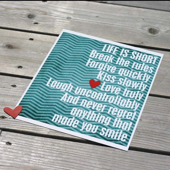 Life is Short Motivational Inspirational Digital Art Print Teal Blue Chevron Red Heart
