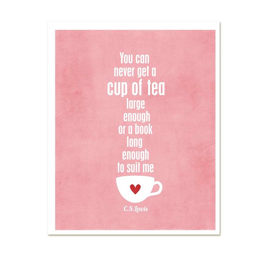 Typography Poster A Cup of Tea and a Long Book - CS Lewis red home decor kitchen quote modern original print