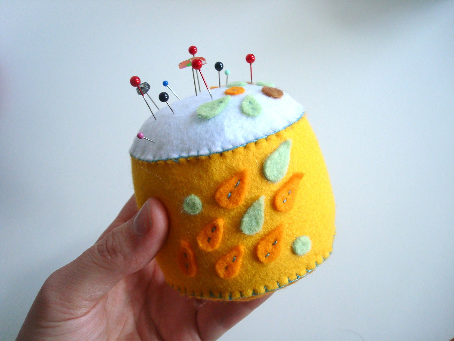 PIN CUSHION wool & eco felt golden yellow mint green leaves hand stitched cushion for seamstresses needle crafters by small craft advisory