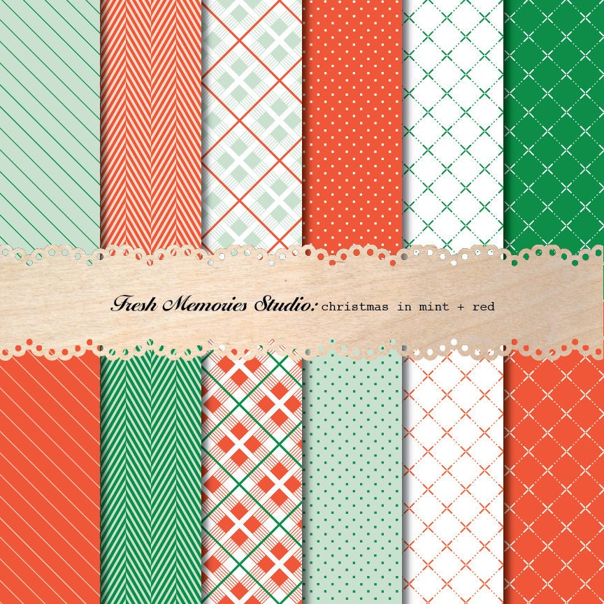 Christmas in Mint, Red, Green, Pink. 12x12. Modern Digital Printable Paper Pack.
