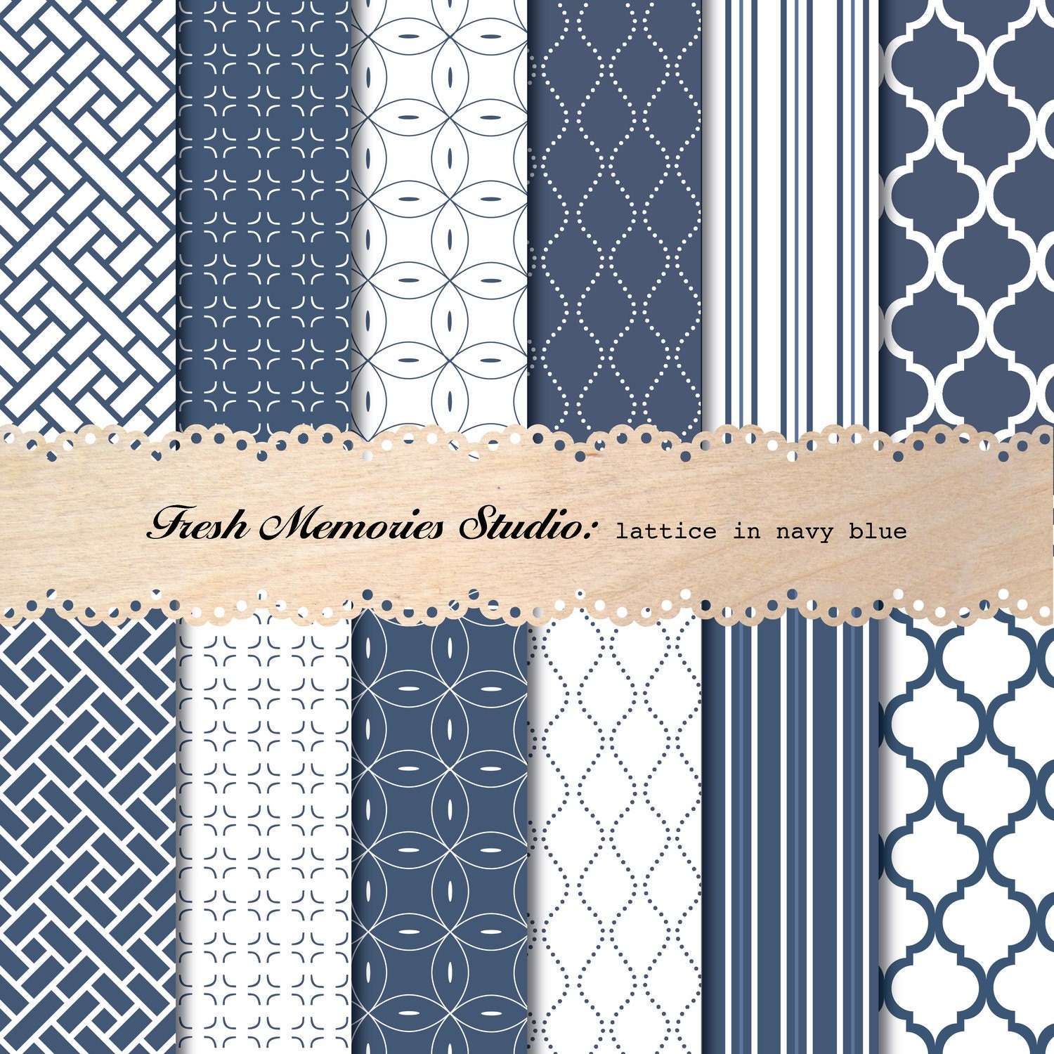 Lattice in Navy Blue. 12x12. Modern Digital Printable Paper Pack for cards, scrapbooking or commercial.
