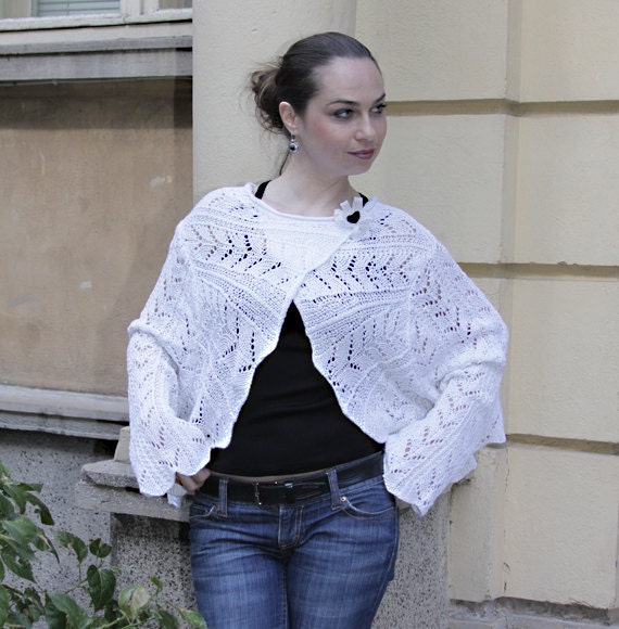 White Summer Cardigan/ Hand Knit White Bolero/ Bridal Lace Shrug/ Wedding Shrug/ Wedding Bolero/ Vest/ Cruise Fashion by Solandia