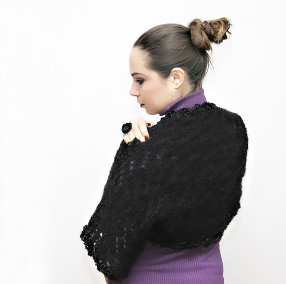 Black Shrug, Black Bolero, ODILE, Short Sleeve Lace Mohair, M, L, XL sizes, spring, summer, fall, bride's maid, by Solandia