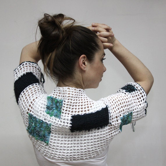 Boho Summer Shrug in Patches, Short Shrug, BREEZE, Eco, Artistic Summer Bolero in white, teal and turquoise, Summer Accessories by Solandia