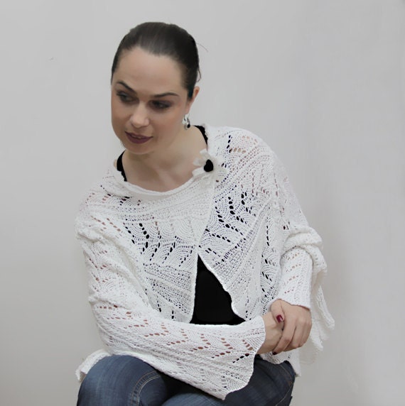 White Summer Cardigan/ Hand Knit White Bolero/ Bridal Lace Shrug/ Wedding Shrug/ Wedding Bolero/ Vest/ Cruise Fashion by Solandia