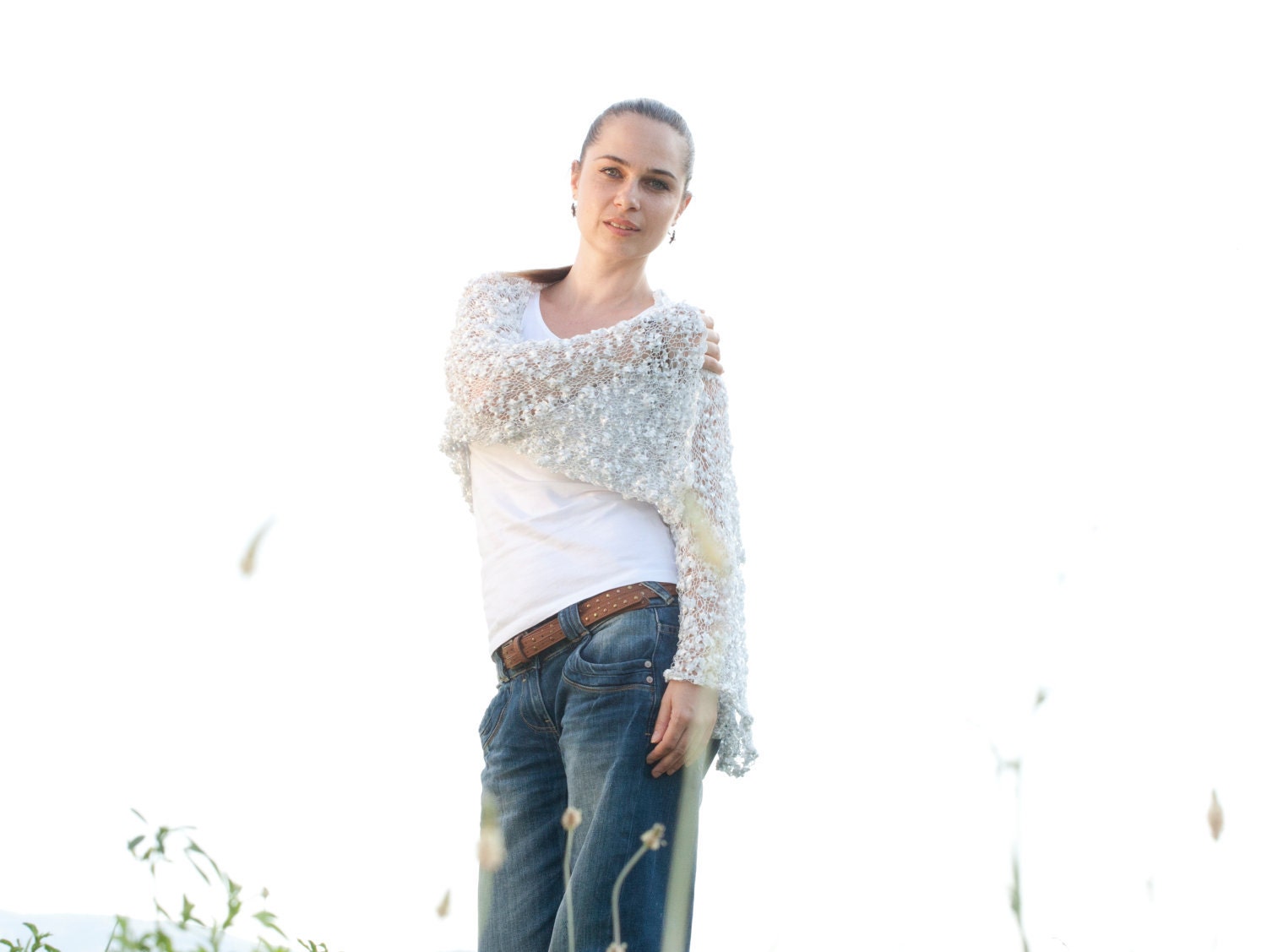 Hand Knit Wedding Shrug/ Knitting Shawl White Summer Shrug, MIDSUMMER, Boho, Heavenly Wedding Accessory, Handmade Bridal By Solandia