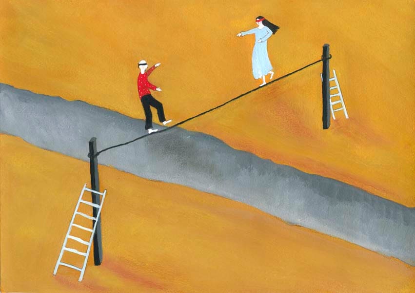 Looking for a Pefect Match - surreal illustration, limited edition, giclee art print, couple balancing on a rope, ladder, art for bedroom