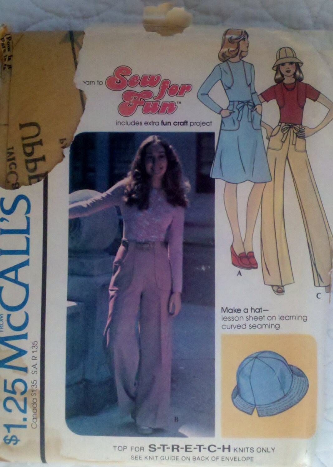 70s Vintage Womens Sewing Pattern Bell Bottom Pants Skirt Top and Hat McCall's 4683 Size 12 Bust 34"