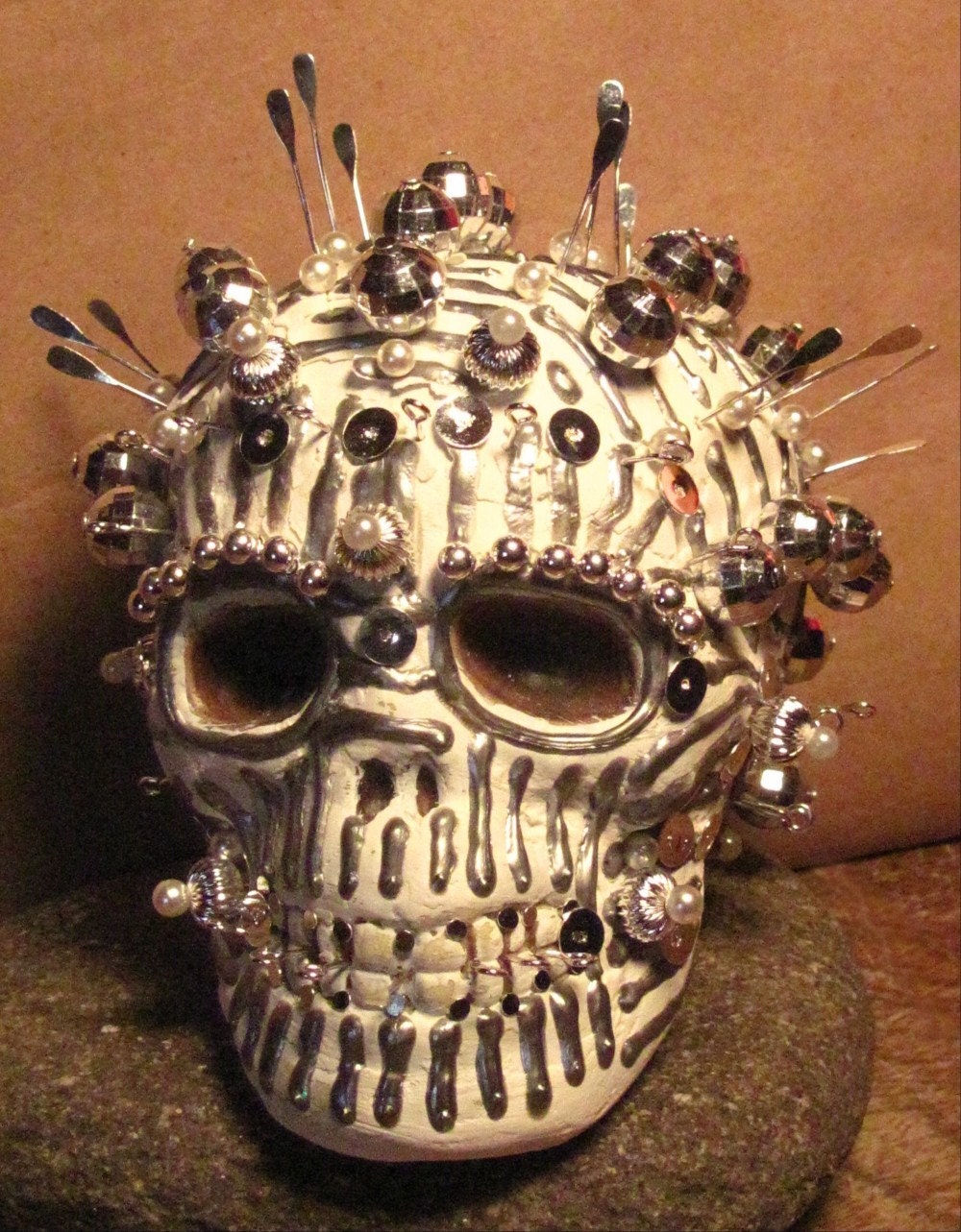 No. 13  OOAK Day of the Dead art sugar SKULL Disco Ball Dia de los Muertos 4"