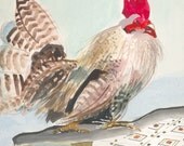 Rooster - original watercolor painting - illustration - kitchen art -animal painting - birds -  landscape spring matted
