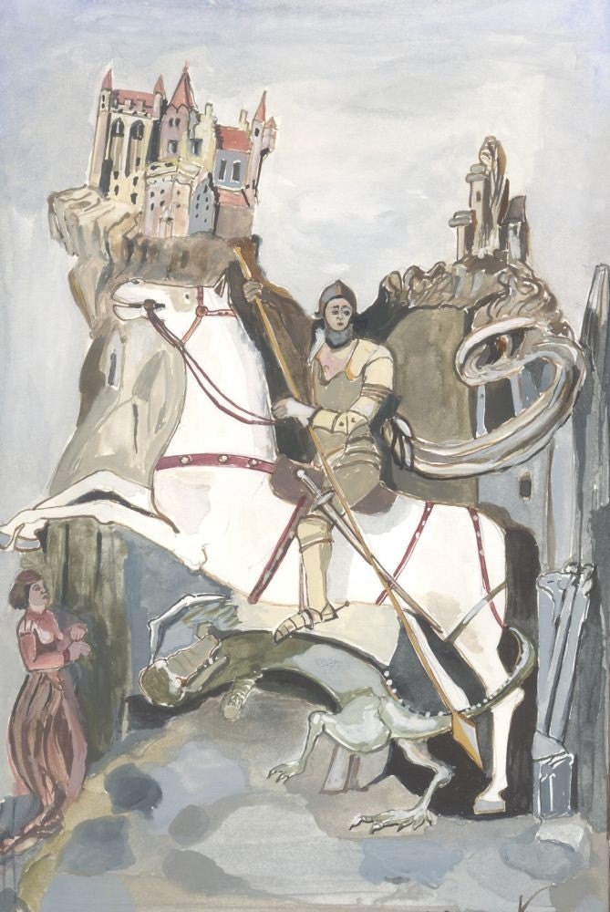 Tale of the Knight  - original gouache watercolor  painting- illustration - fairy tale - white horse -  grey