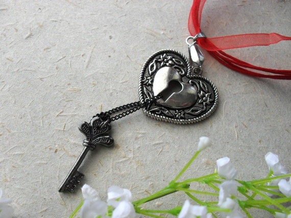 The Key To My Heart on Red Organza Charm Necklace