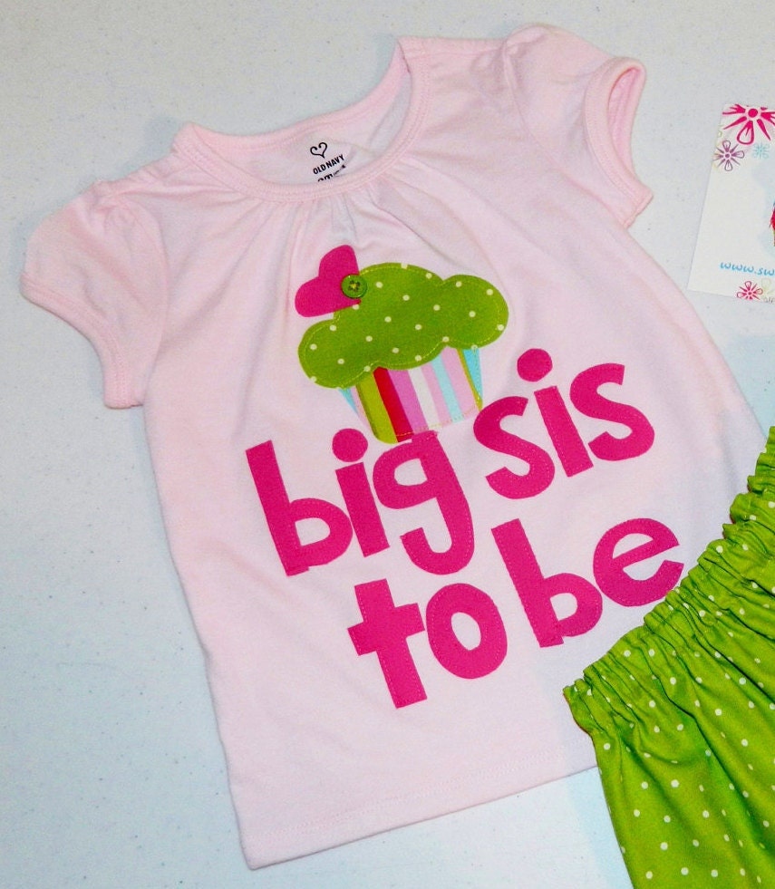 Pink shirt  with lime green polka dot, pink cupcake applique personalized with big sis to be, and bow
